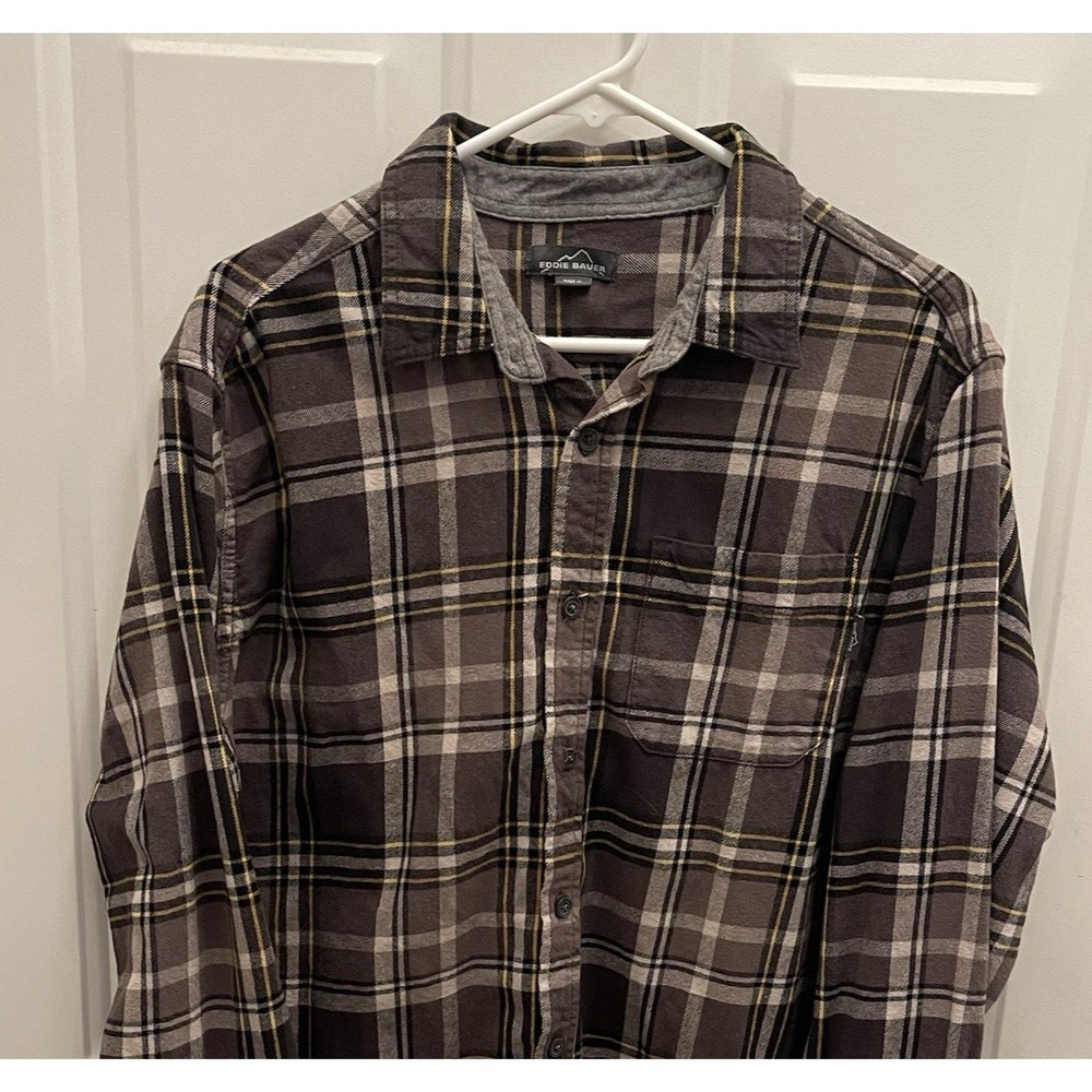 Eddie Bauer Grey Yellow Plaid Mens Flannel Shirt XL Long Sleeve Cotton Button Up